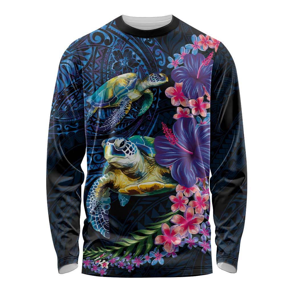 Hawaiian Plumeria and Hibiscus with Turtles Long Sleeve Shirt Polynesian Art Dark Cyan Color - Polynesian Pride