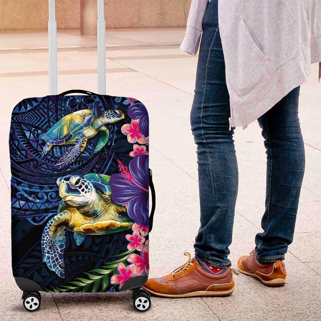 Hawaiian Plumeria and Hibiscus with Turtles Luggage Cover Polynesian Art Dark Cyan Color - Polynesian Pride
