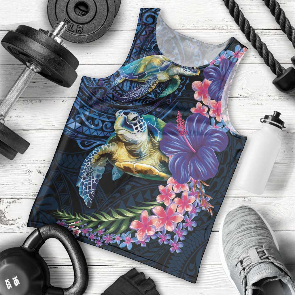 Hawaiian Plumeria and Hibiscus with Turtles Men Tank Top Polynesian Art Dark Cyan Color - Polynesian Pride