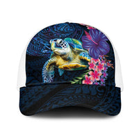 Hawaiian Plumeria and Hibiscus with Turtles Mesh Trucker Cap Polynesian Art Dark Cyan Color - Polynesian Pride