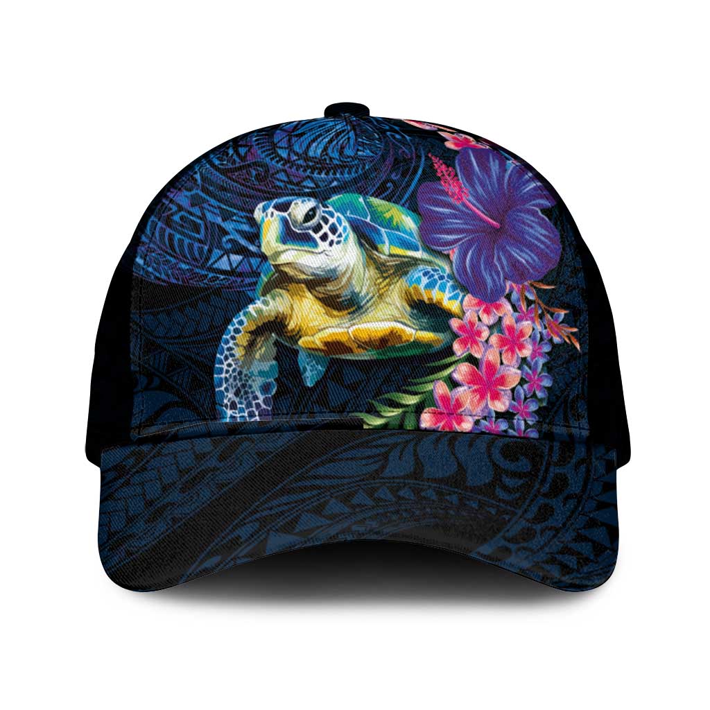 Hawaiian Plumeria and Hibiscus with Turtles Mesh Trucker Cap Polynesian Art Dark Cyan Color - Polynesian Pride