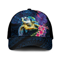 Hawaiian Plumeria and Hibiscus with Turtles Mesh Trucker Cap Polynesian Art Dark Cyan Color - Polynesian Pride