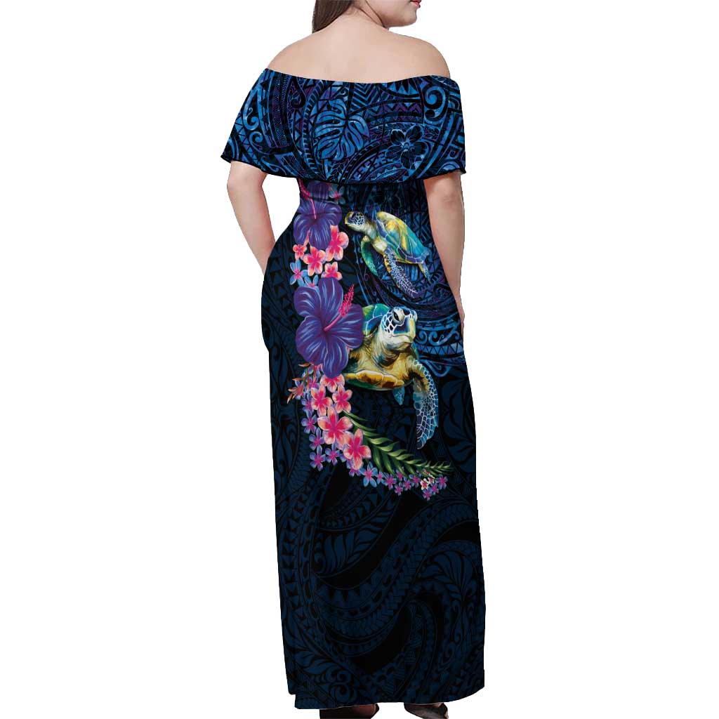 Hawaiian Plumeria and Hibiscus with Turtles Off Shoulder Maxi Dress Polynesian Art Dark Cyan Color - Polynesian Pride