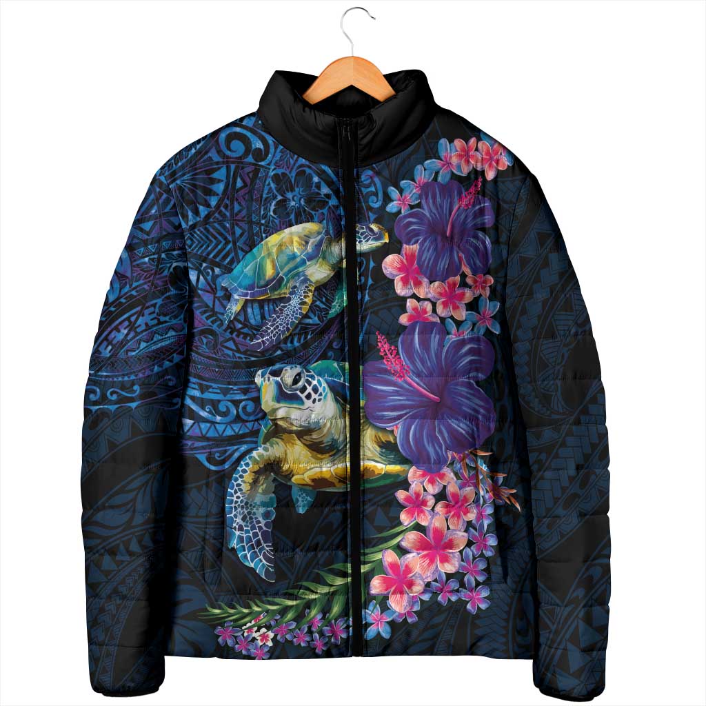 Hawaiian Plumeria and Hibiscus with Turtles Padded Jacket Polynesian Art Dark Cyan Color - Polynesian Pride