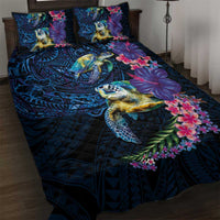 Hawaiian Plumeria and Hibiscus with Turtles Quilt Bed Set Polynesian Art Dark Cyan Color - Polynesian Pride