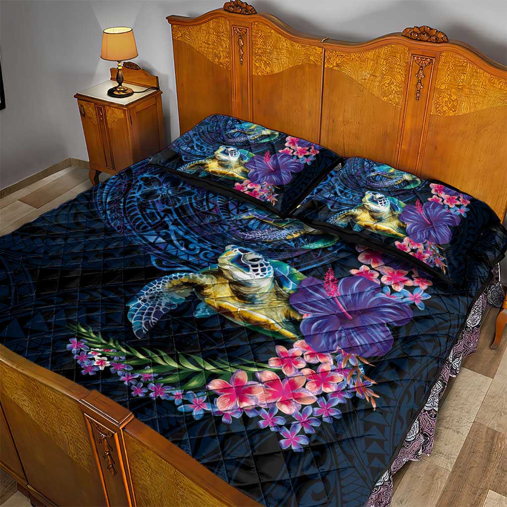 Hawaiian Plumeria and Hibiscus with Turtles Quilt Bed Set Polynesian Art Dark Cyan Color - Polynesian Pride