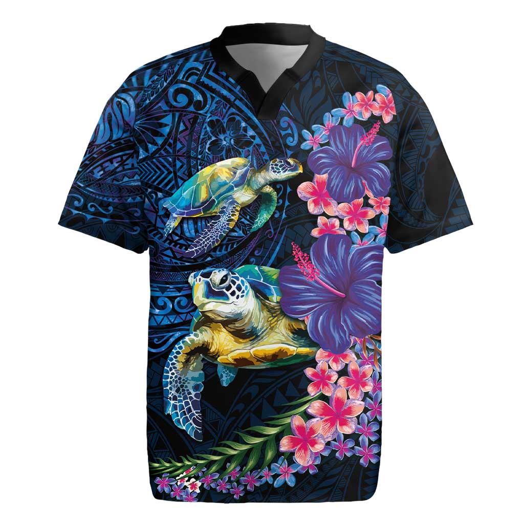 Hawaiian Plumeria and Hibiscus with Turtles Rugby Jersey Polynesian Art Dark Cyan Color - Polynesian Pride