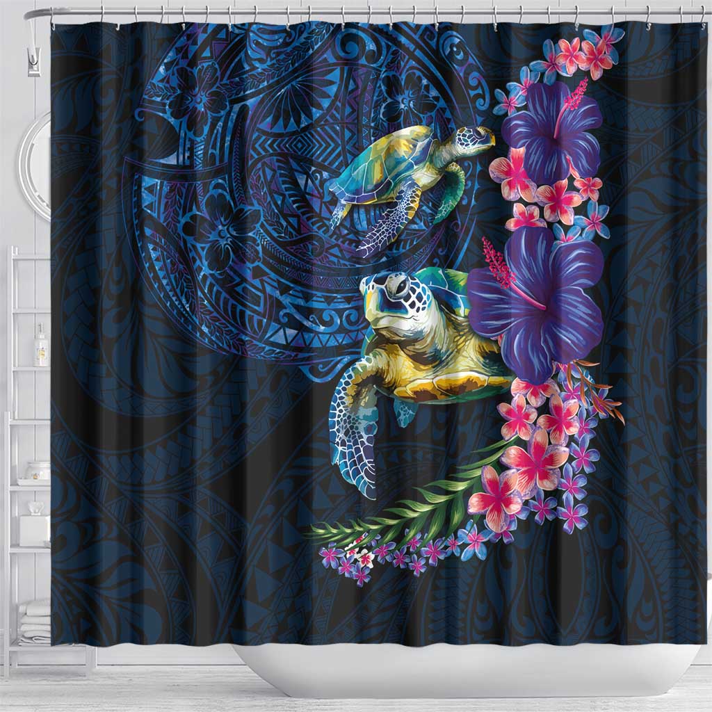 Hawaiian Plumeria and Hibiscus with Turtles Shower Curtain Polynesian Art Dark Cyan Color - Polynesian Pride