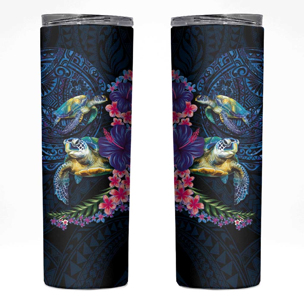 Hawaiian Plumeria and Hibiscus with Turtles Skinny Tumbler Polynesian Art Dark Cyan Color - Polynesian Pride