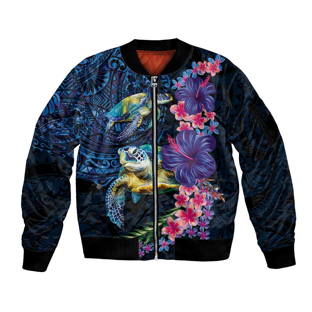 Hawaiian Plumeria and Hibiscus with Turtles Sleeve Zip Bomber Jacket Polynesian Art Dark Cyan Color - Polynesian Pride