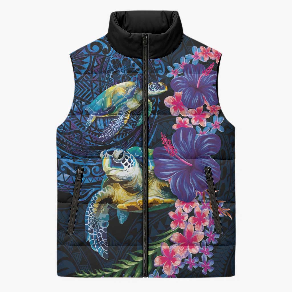 Hawaiian Plumeria and Hibiscus with Turtles Sleeveless Puffer Jacket Polynesian Art Dark Cyan Color - Polynesian Pride