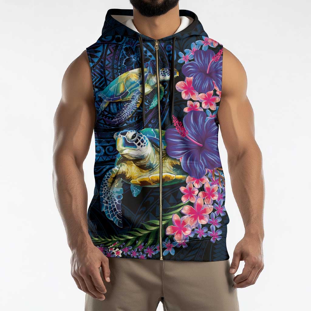 Hawaiian Plumeria and Hibiscus with Turtles Sleeveless Zip Hoodie Polynesian Art Dark Cyan Color - Polynesian Pride