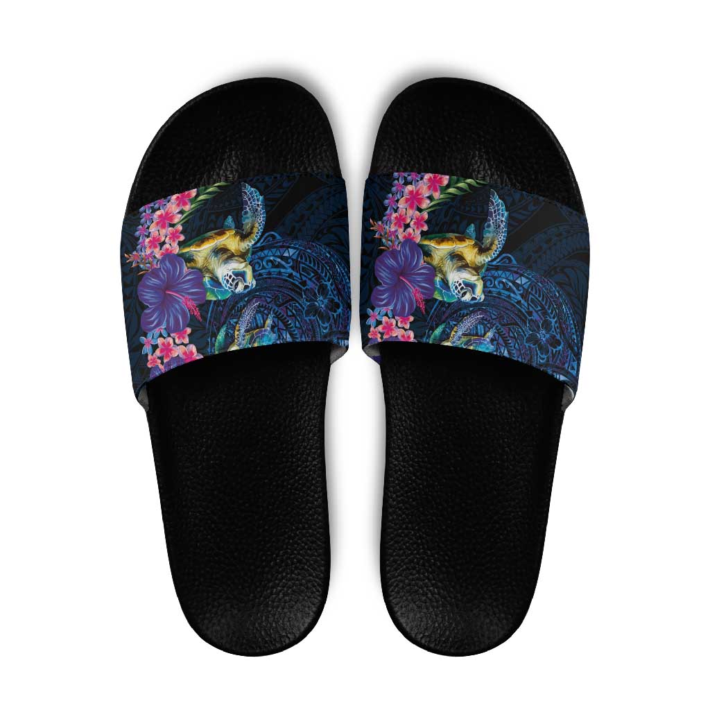 Hawaiian Plumeria and Hibiscus with Turtles Slide Sandals Polynesian Art Dark Cyan Color - Polynesian Pride