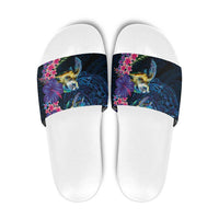 Hawaiian Plumeria and Hibiscus with Turtles Slide Sandals Polynesian Art Dark Cyan Color - Polynesian Pride