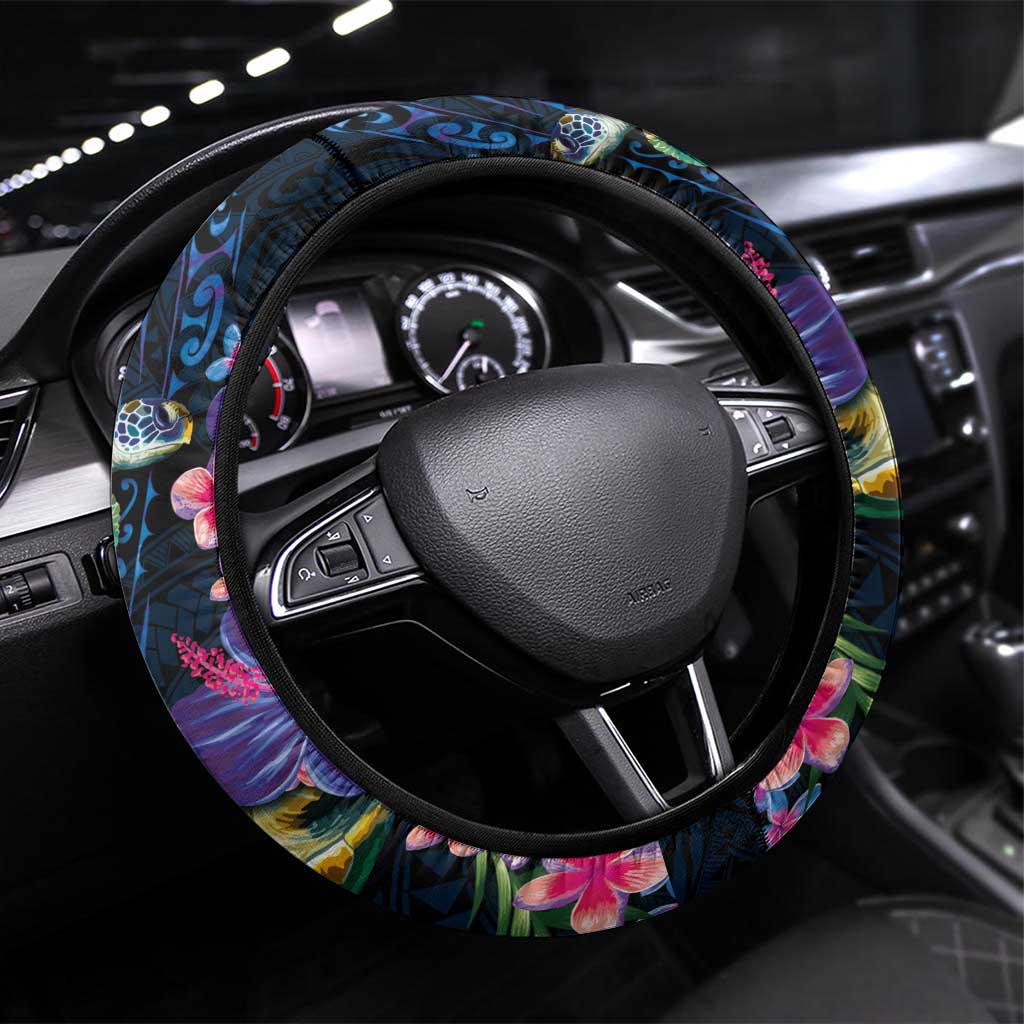 Hawaiian Plumeria and Hibiscus with Turtles Steering Wheel Cover Polynesian Art Dark Cyan Color - Polynesian Pride