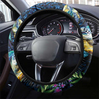 Hawaiian Plumeria and Hibiscus with Turtles Steering Wheel Cover Polynesian Art Dark Cyan Color - Polynesian Pride