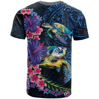 Hawaiian Plumeria and Hibiscus with Turtles T Shirt Polynesian Art Dark Cyan Color - Polynesian Pride