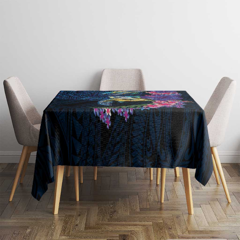 Hawaiian Plumeria and Hibiscus with Turtles Tablecloth Polynesian Art Dark Cyan Color - Polynesian Pride