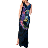Hawaiian Plumeria and Hibiscus with Turtles Tank Maxi Dress Polynesian Art Dark Cyan Color - Polynesian Pride