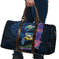 Hawaiian Plumeria and Hibiscus with Turtles Travel Bag Polynesian Art Dark Cyan Color - Polynesian Pride