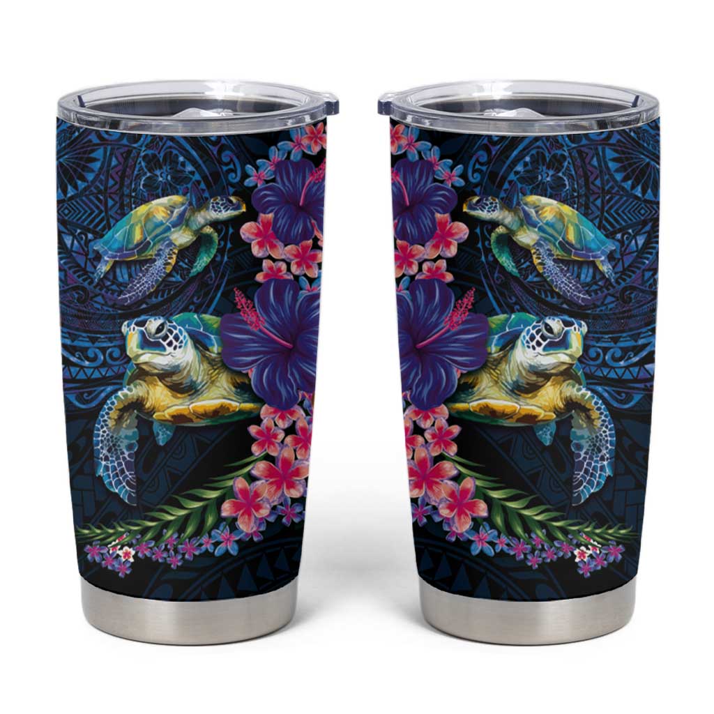Hawaiian Plumeria and Hibiscus with Turtles Tumbler Cup Polynesian Art Dark Cyan Color - Polynesian Pride