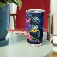 Hawaiian Plumeria and Hibiscus with Turtles Tumbler Cup Polynesian Art Dark Cyan Color - Polynesian Pride
