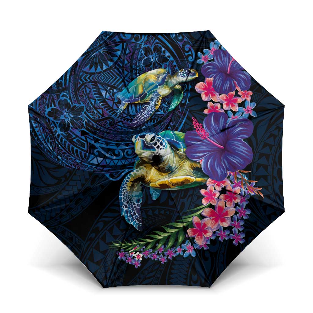 Hawaiian Plumeria and Hibiscus with Turtles Umbrella Polynesian Art Dark Cyan Color - Polynesian Pride