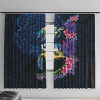 Hawaiian Plumeria and Hibiscus with Turtles Window Curtain Polynesian Art Dark Cyan Color - Polynesian Pride