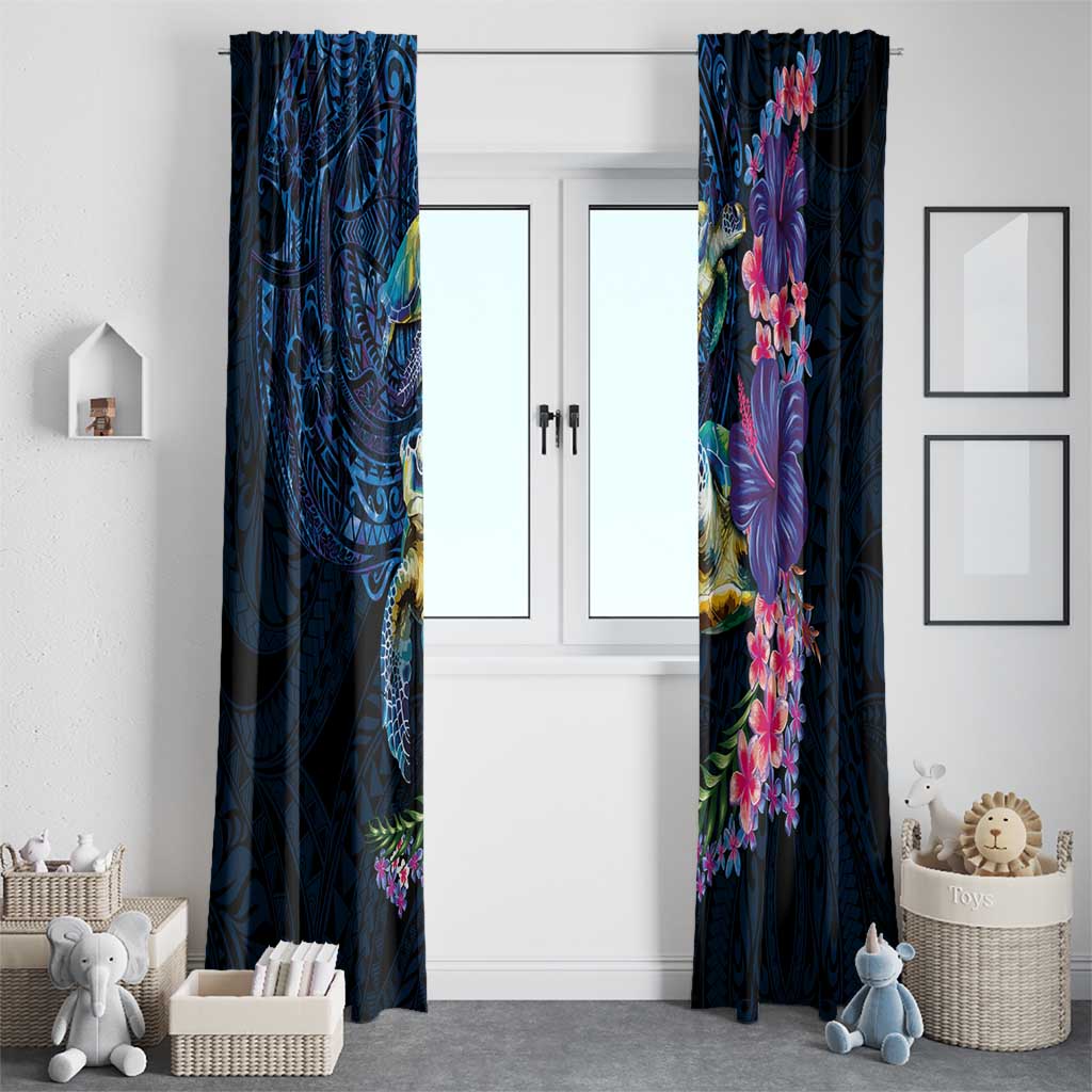 Hawaiian Plumeria and Hibiscus with Turtles Window Curtain Polynesian Art Dark Cyan Color - Polynesian Pride