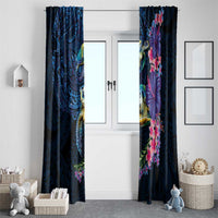Hawaiian Plumeria and Hibiscus with Turtles Window Curtain Polynesian Art Dark Cyan Color - Polynesian Pride