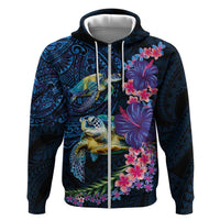 Hawaiian Plumeria and Hibiscus with Turtles Zip Hoodie Polynesian Art Dark Cyan Color - Polynesian Pride