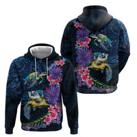 Hawaiian Plumeria and Hibiscus with Turtles Zip Hoodie Polynesian Art Dark Cyan Color - Polynesian Pride