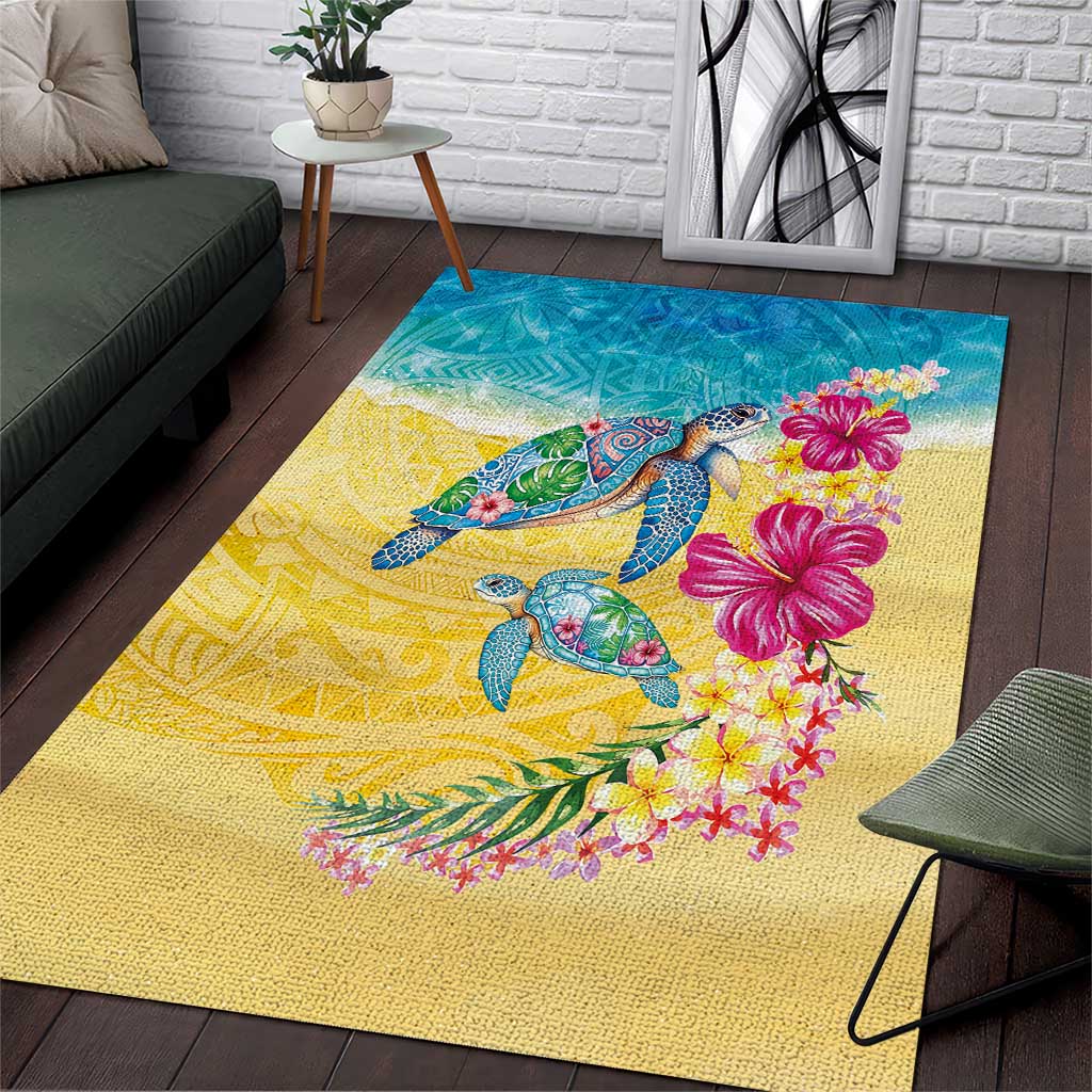 Hawaiian Tropical Plants Turtles Area Rug Watercolor Style - Polynesian Pride