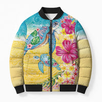 Hawaiian Tropical Plants Turtles Bomber Puffer Jacket Watercolor Style - Polynesian Pride
