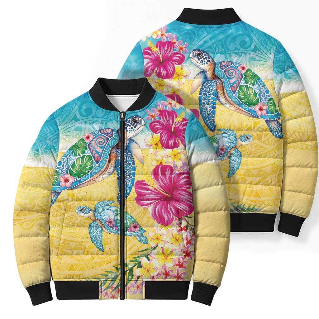 Hawaiian Tropical Plants Turtles Bomber Puffer Jacket Watercolor Style - Polynesian Pride