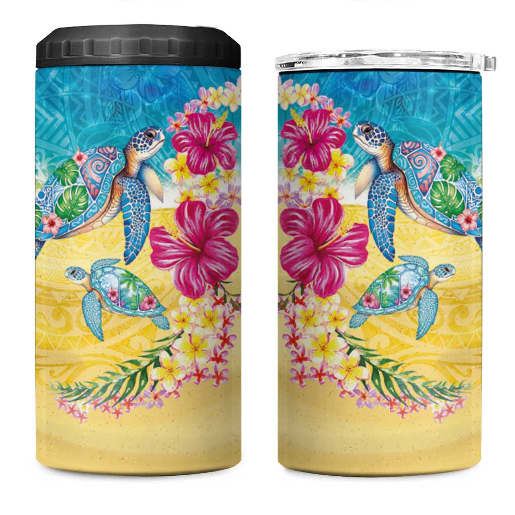 Hawaiian Tropical Plants Turtles 4 in 1 Can Cooler Tumbler Watercolor Style - Polynesian Pride