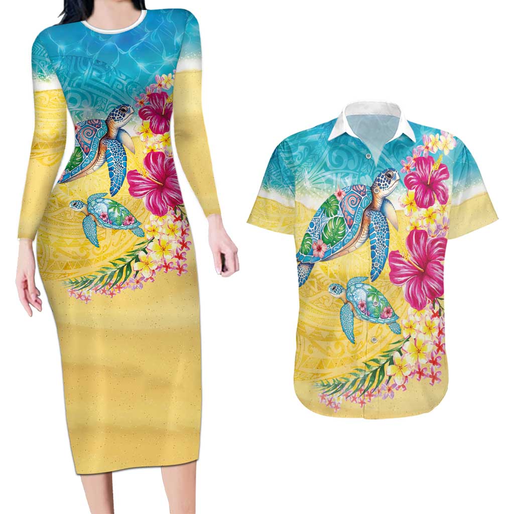 Hawaiian Tropical Plants Turtles Couples Matching Long Sleeve Bodycon Dress and Hawaiian Shirt Watercolor Style - Polynesian Pride
