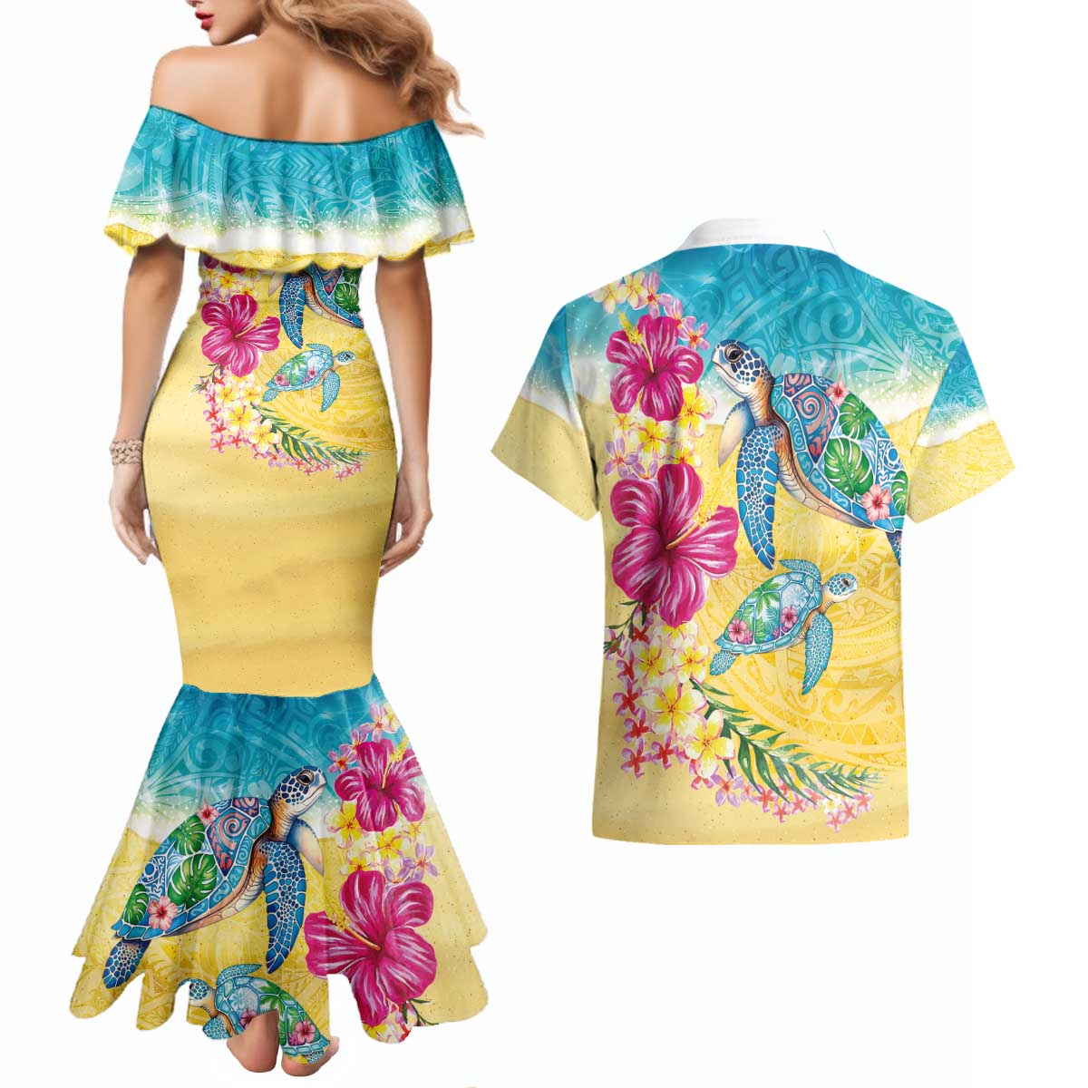 Hawaiian Tropical Plants Turtles Couples Matching Mermaid Dress and Hawaiian Shirt Watercolor Style - Polynesian Pride