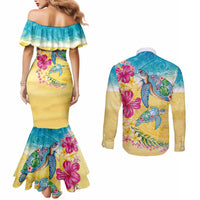 Hawaiian Tropical Plants Turtles Couples Matching Mermaid Dress and Long Sleeve Button Shirt Watercolor Style - Polynesian Pride