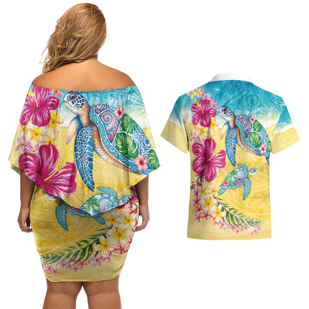 Hawaiian Tropical Plants Turtles Couples Matching Off Shoulder Short Dress and Hawaiian Shirt Watercolor Style - Polynesian Pride