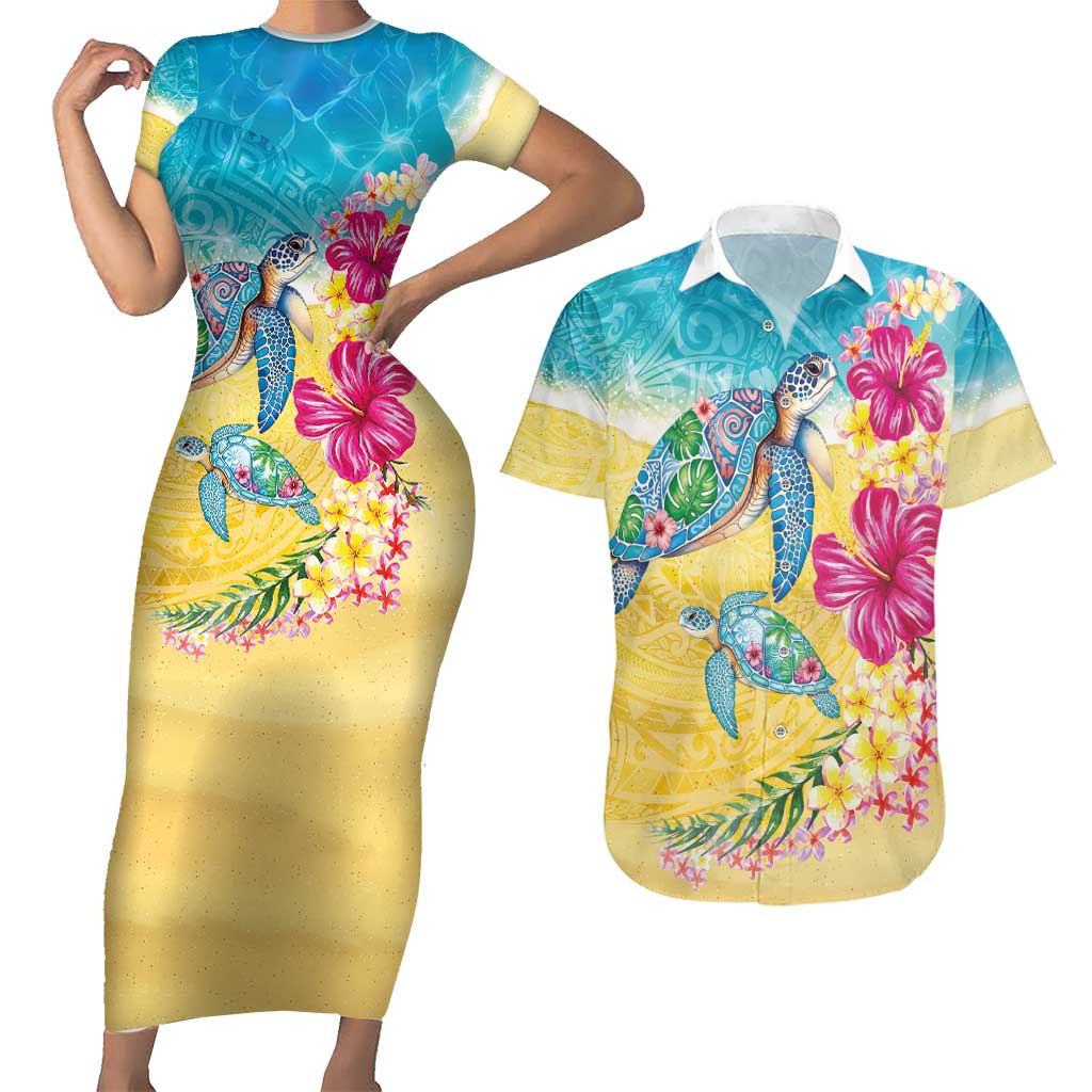 Hawaiian Tropical Plants Turtles Couples Matching Short Sleeve Bodycon Dress and Hawaiian Shirt Watercolor Style - Polynesian Pride