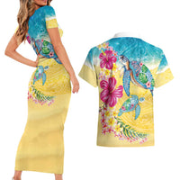 Hawaiian Tropical Plants Turtles Couples Matching Short Sleeve Bodycon Dress and Hawaiian Shirt Watercolor Style - Polynesian Pride