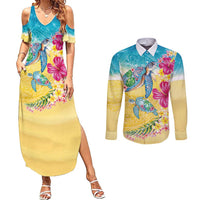 Hawaiian Tropical Plants Turtles Couples Matching Summer Maxi Dress and Long Sleeve Button Shirt Watercolor Style - Polynesian Pride