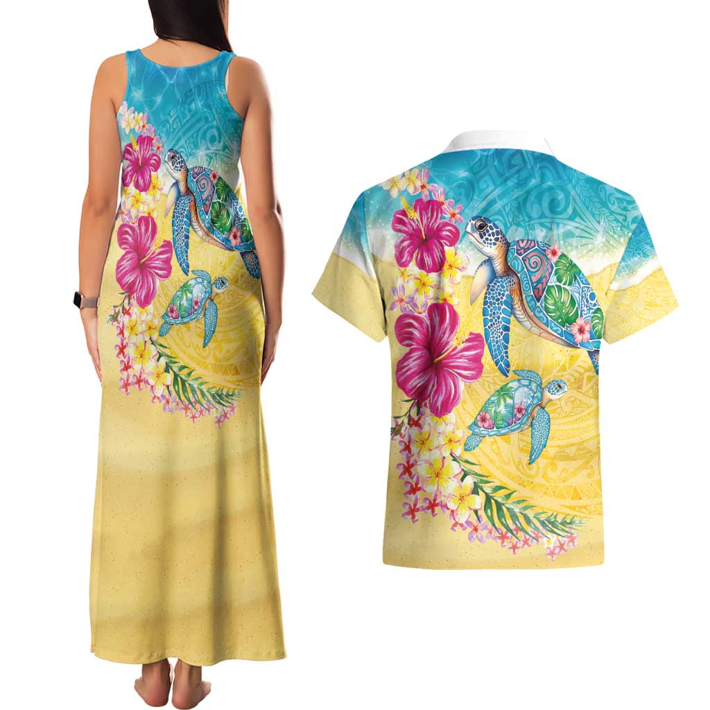 Hawaiian Tropical Plants Turtles Couples Matching Tank Maxi Dress and Hawaiian Shirt Watercolor Style - Polynesian Pride