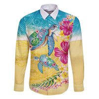 Hawaiian Tropical Plants Turtles Family Matching Off Shoulder Maxi Dress and Hawaiian Shirt Watercolor Style - Polynesian Pride