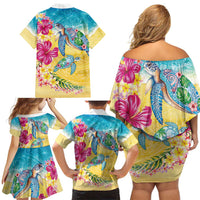 Hawaiian Tropical Plants Turtles Family Matching Off Shoulder Short Dress and Hawaiian Shirt Watercolor Style - Polynesian Pride