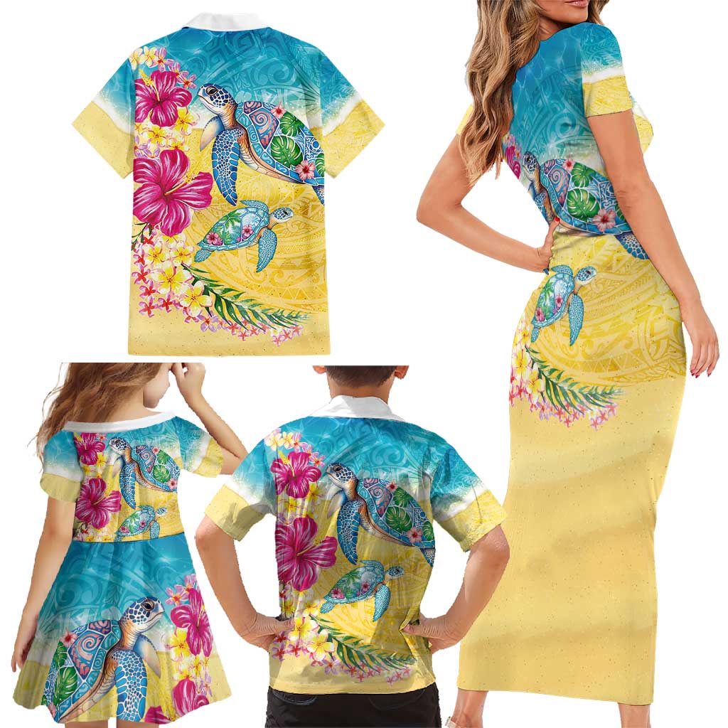Hawaiian Tropical Plants Turtles Family Matching Short Sleeve Bodycon Dress and Hawaiian Shirt Watercolor Style - Polynesian Pride