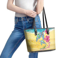 Hawaiian Tropical Plants Turtles Leather Tote Bag Watercolor Style - Polynesian Pride