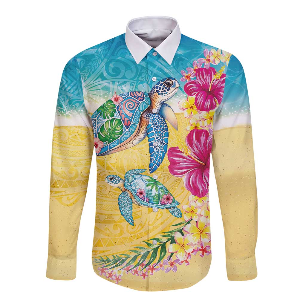 Hawaiian Tropical Plants Turtles Long Sleeve Button Shirt Watercolor Style - Polynesian Pride