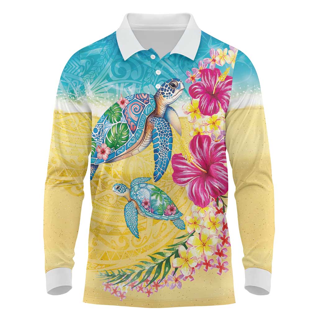Hawaiian Tropical Plants Turtles Long Sleeve Polo Shirt Watercolor Style - Polynesian Pride